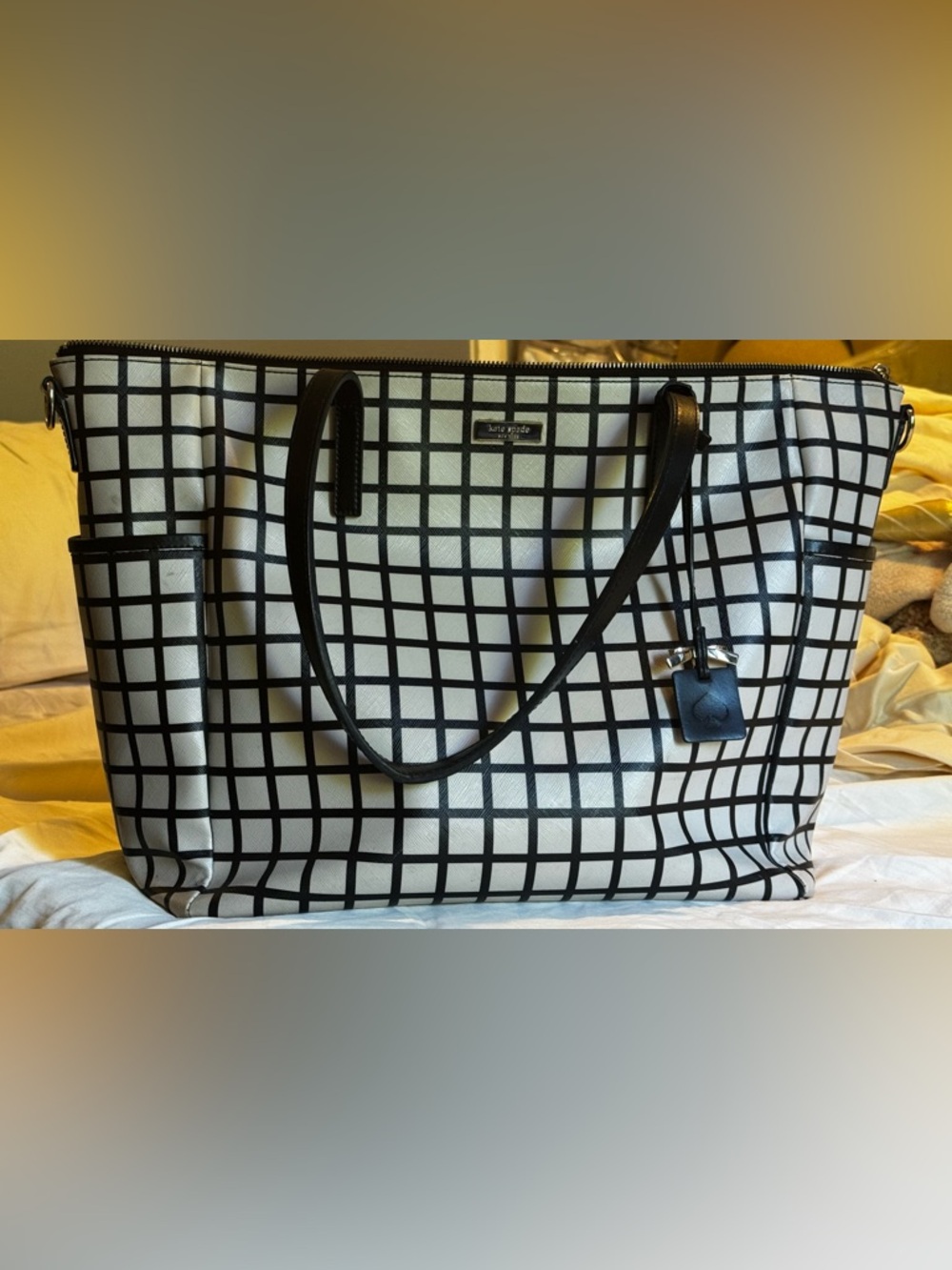 Kate Spade Black & beige Grid Tote Bag STRAP MISSING